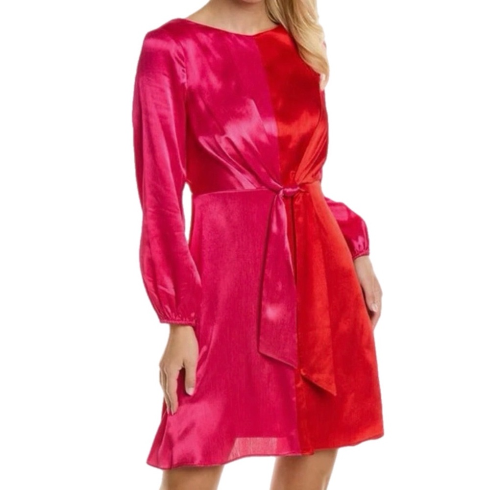 NWT Maison Tara Elegant Long Sleeve Pink and Red Satin Mini Dress with Tie Waist